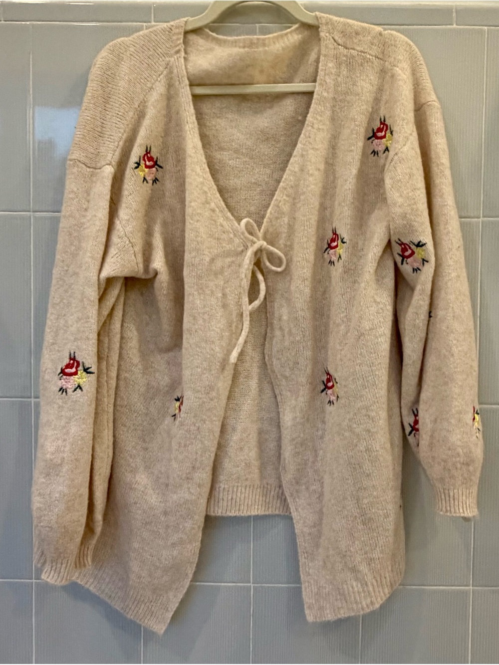 Cream Embroidered Tie-Front Women's  Cardigan